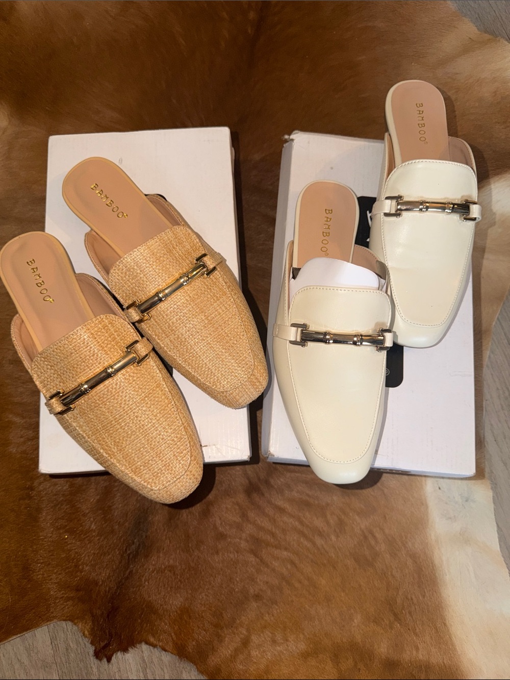 Bamboo raffia/ faux leather mules flats size 8, 2 NEW with boxes